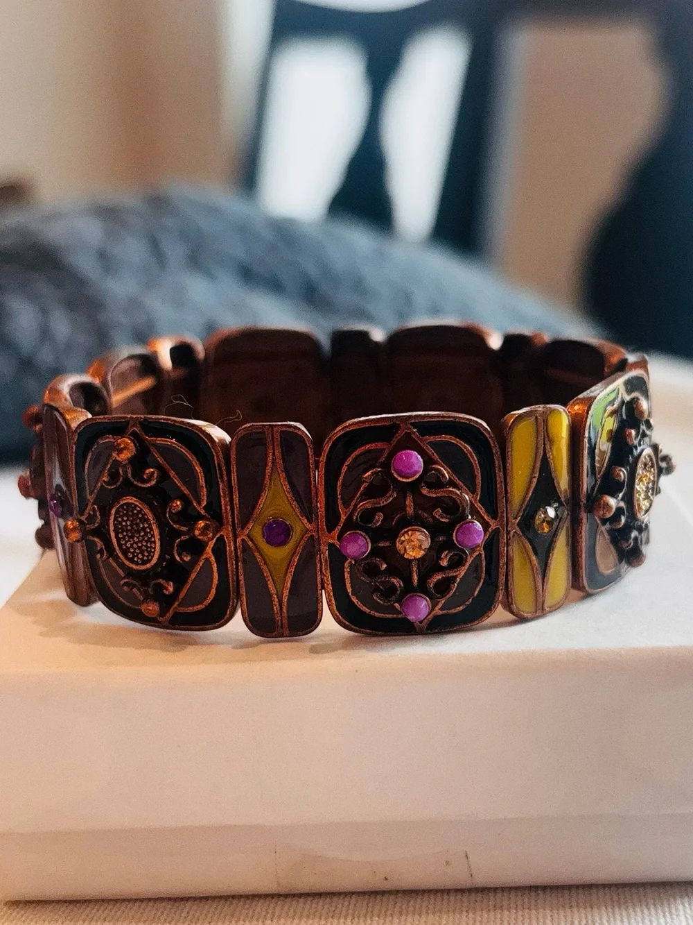Vintage Boho Stretch Link Bracelet Copper Enamel Rhinestone Statement Cuff New